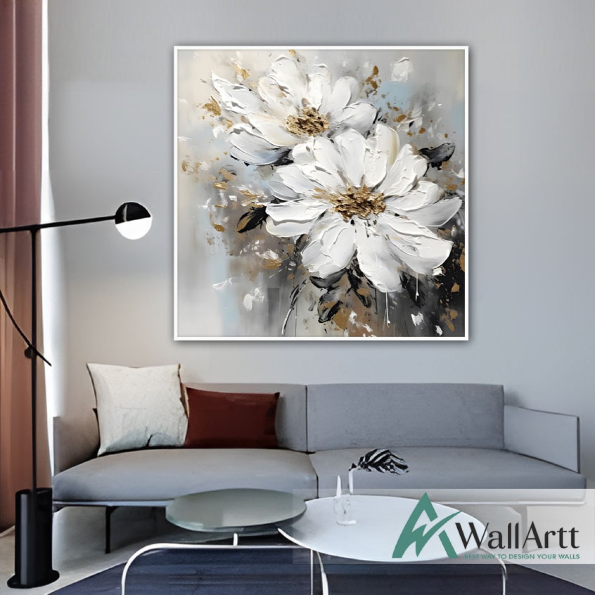 Abstract White Flowers 3d Heavy Textured Partial Oil Painting