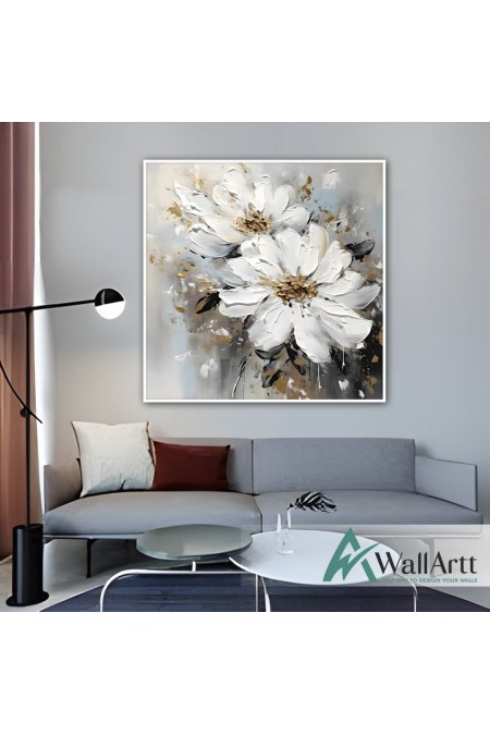 Abstract White Flowers 3d Heavy Textured Partial Oil Painting