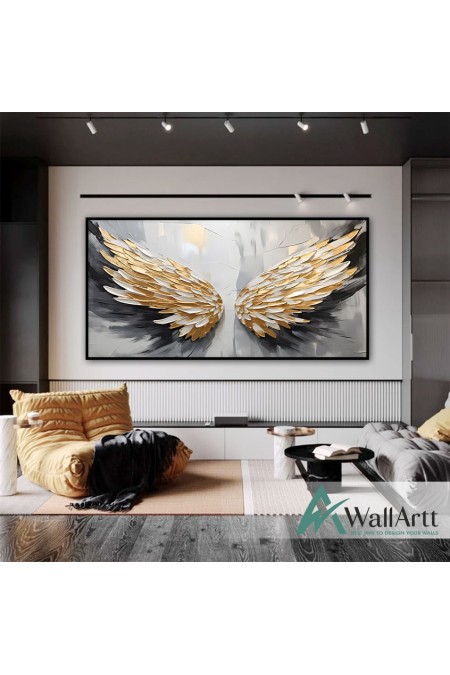 Abstract Gold Black Wings 3d Heavy Textured Partial Oil Painting