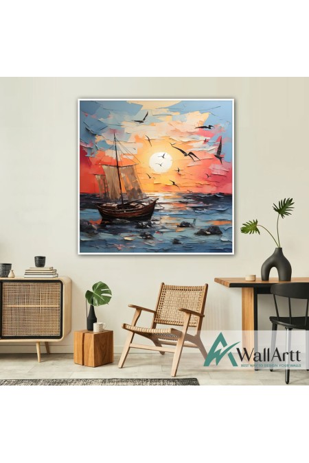 Fishing Boat at Sunset 3d Heavy Textured Partial Oil Painting