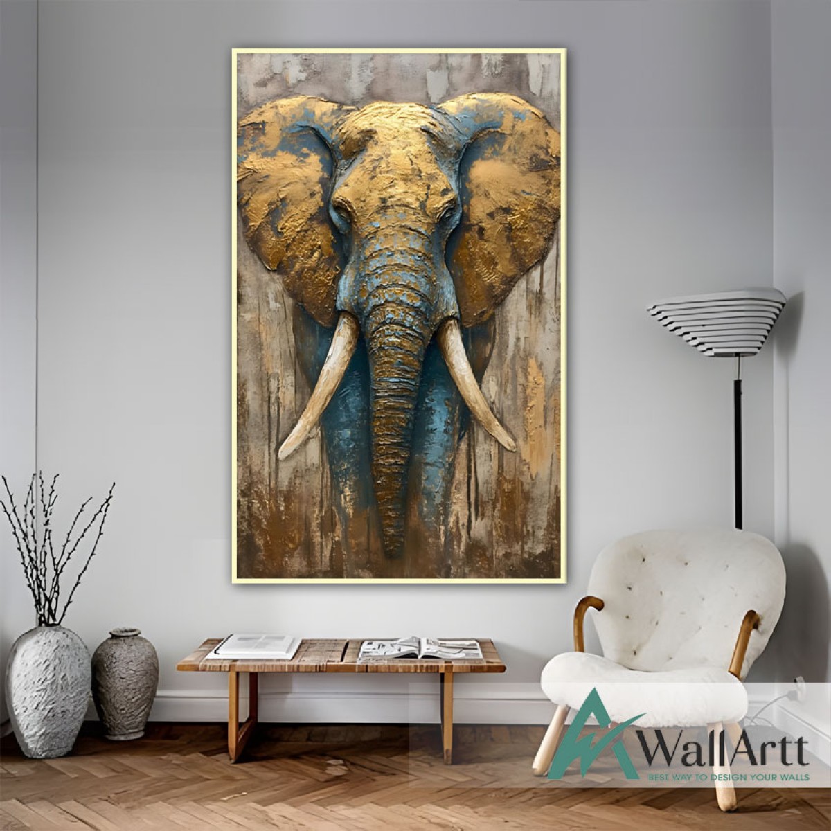 Gold Blue Elephant 3D Heavy Textured Partial Oil Painting