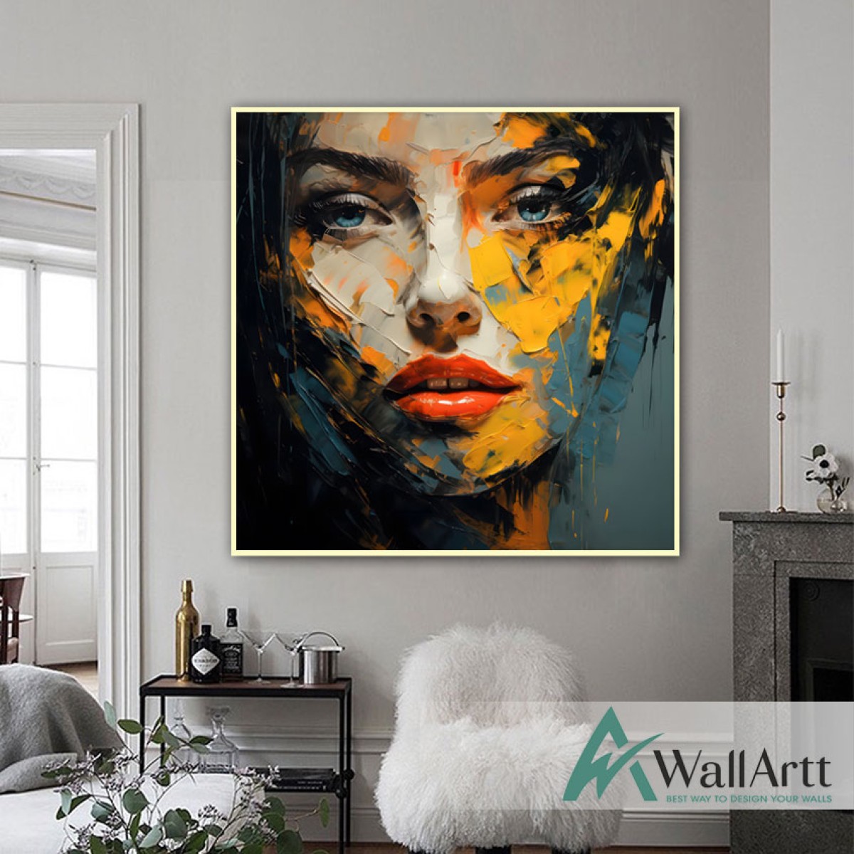 Abstract Yellow Woman Face 3D Heavy Textured Partial Oil Painting