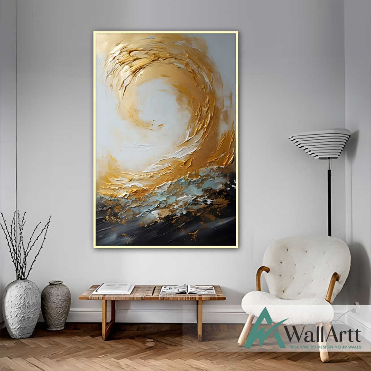 Abstract Gold Wave 3d Heavy Textured Partial Oil Painting