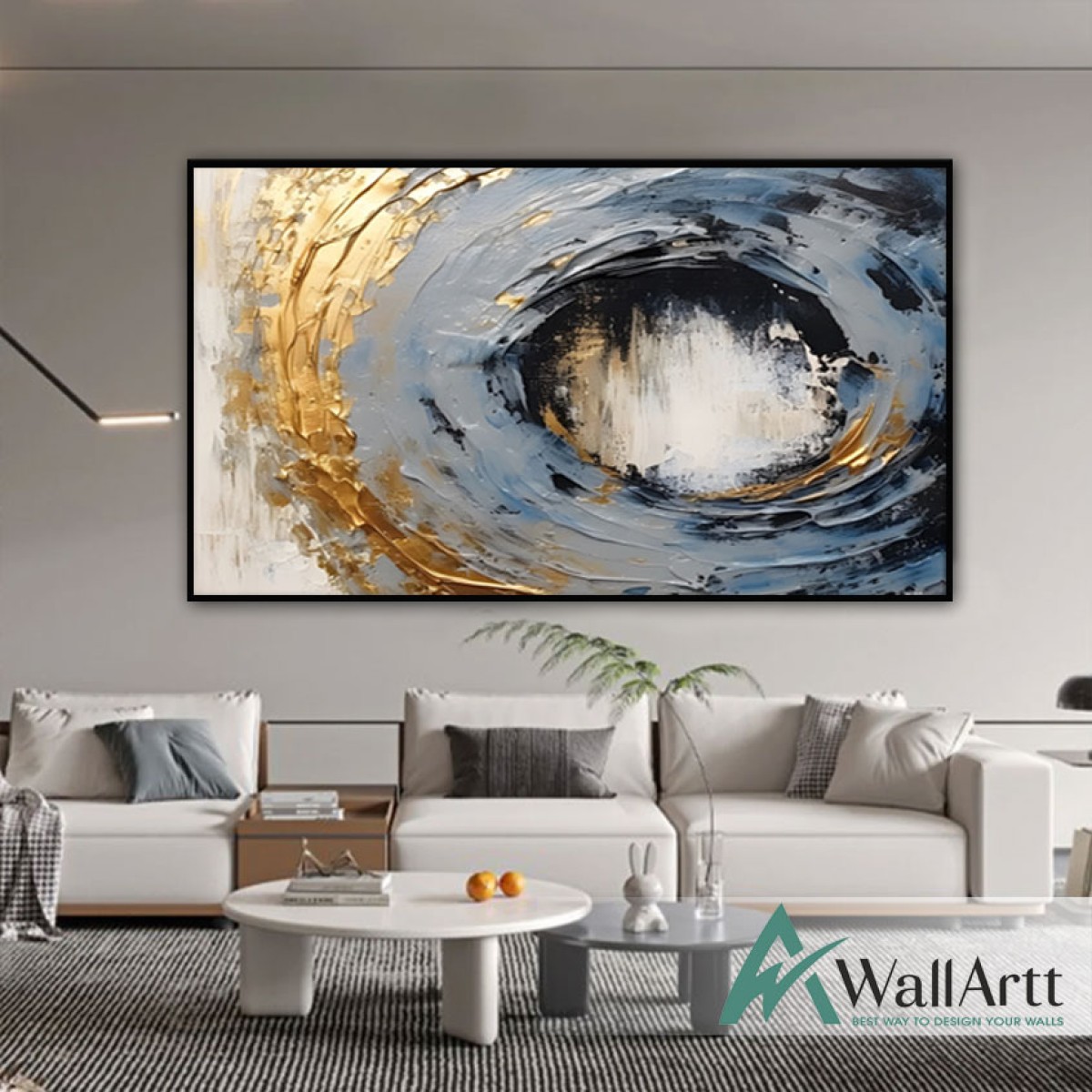 Blue Grey with Gold Foil Abstract 3d Heavy Textured Partial Oil Painting