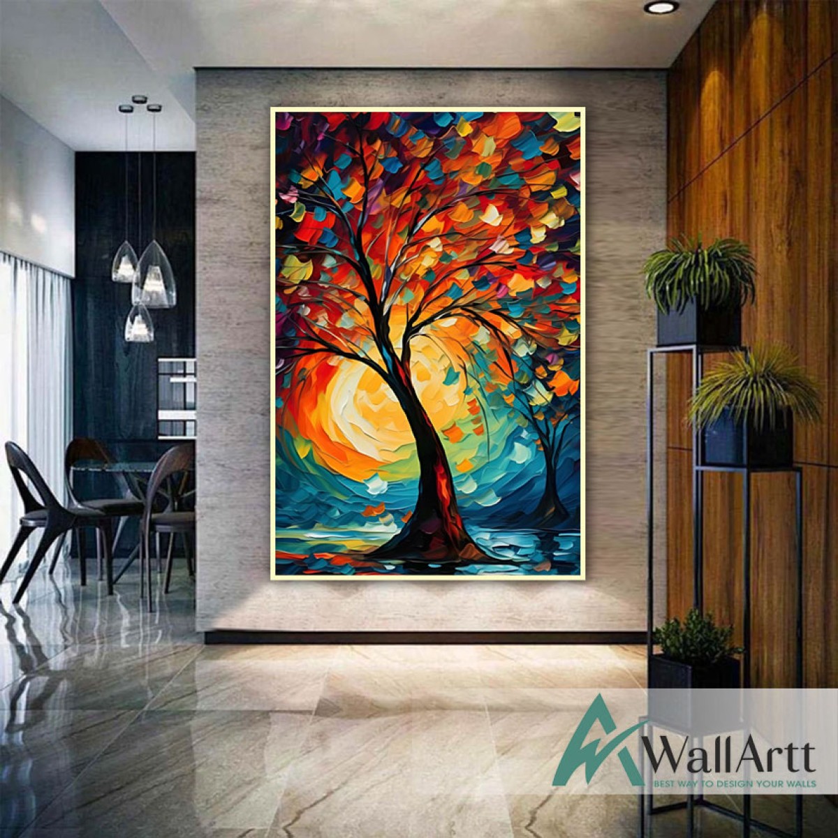 Abstract Colorful Tree at Sunset 3d Heavy Textured Partial Oil Painting