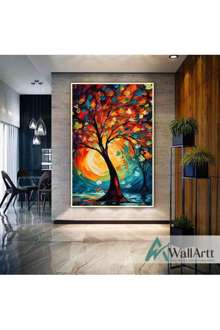 Abstract Colorful Tree at Sunset 3d Heavy Textured Partial Oil Painting