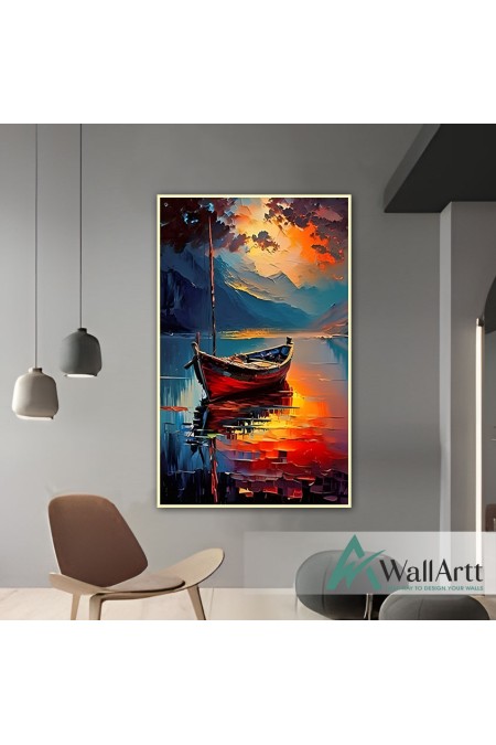 Fishing Boat at Sunset 3d Heavy Textured Partial Oil Painting - Wall Art