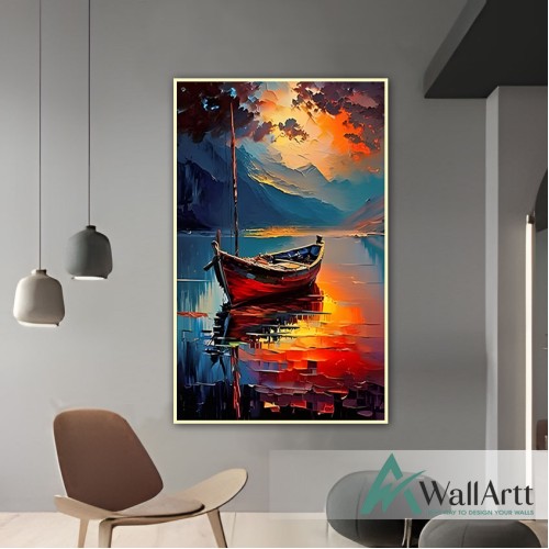 Fishing Boat at Sunset 3d Heavy Textured Partial Oil Painting - Wall Art