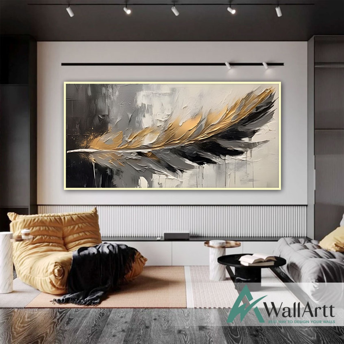 Abstract Gold Black Feather 3d Heavy Textured Partial Oil Painting