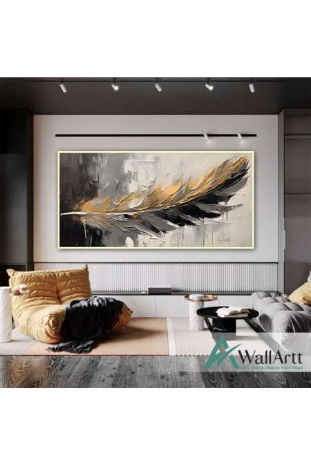 Abstract Gold Black Feather 3d Heavy Textured Partial Oil Painting