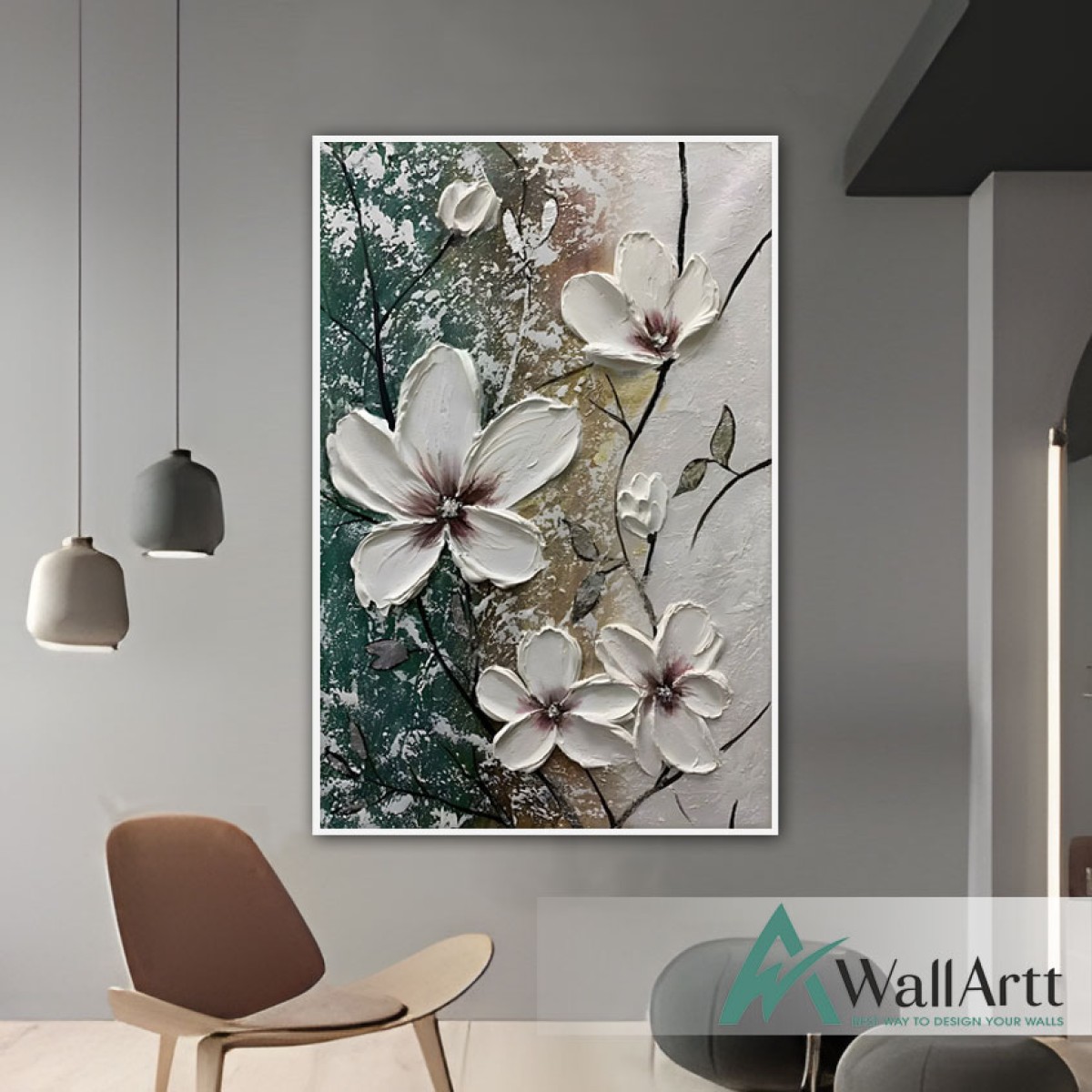 White Flowers II 3d Heavy Textured Partial Oil Painting