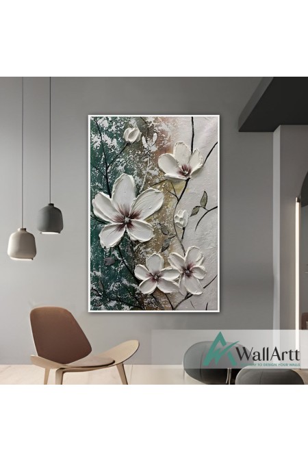 White Flowers II 3d Heavy Textured Partial Oil Painting