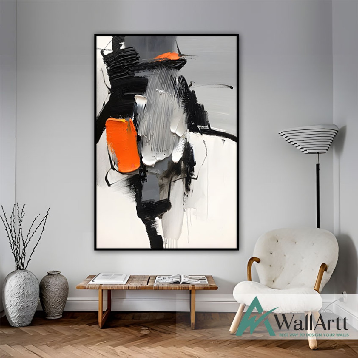 Orange on Black Abstract 3d Heavy Textured Partial Oil Painting