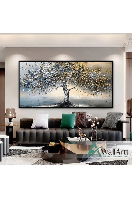 Yellow Grey Leaves 3d Heavy Textured Partial Oil Painting