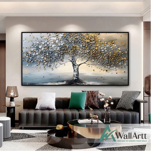 Yellow Grey Leaves 3d Heavy Textured Partial Oil Painting