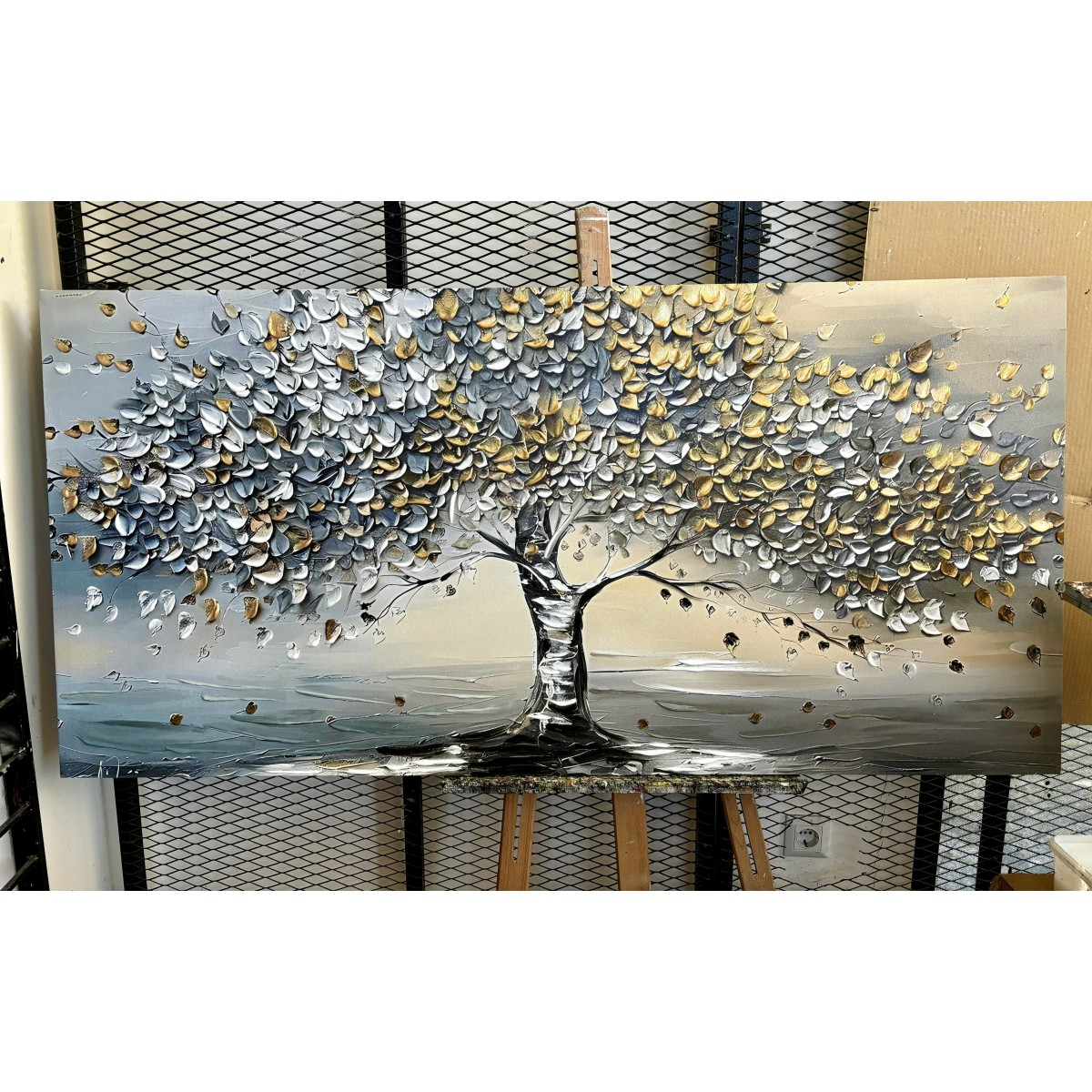 Yellow Grey Leaves 3d Heavy Textured Partial Oil Painting