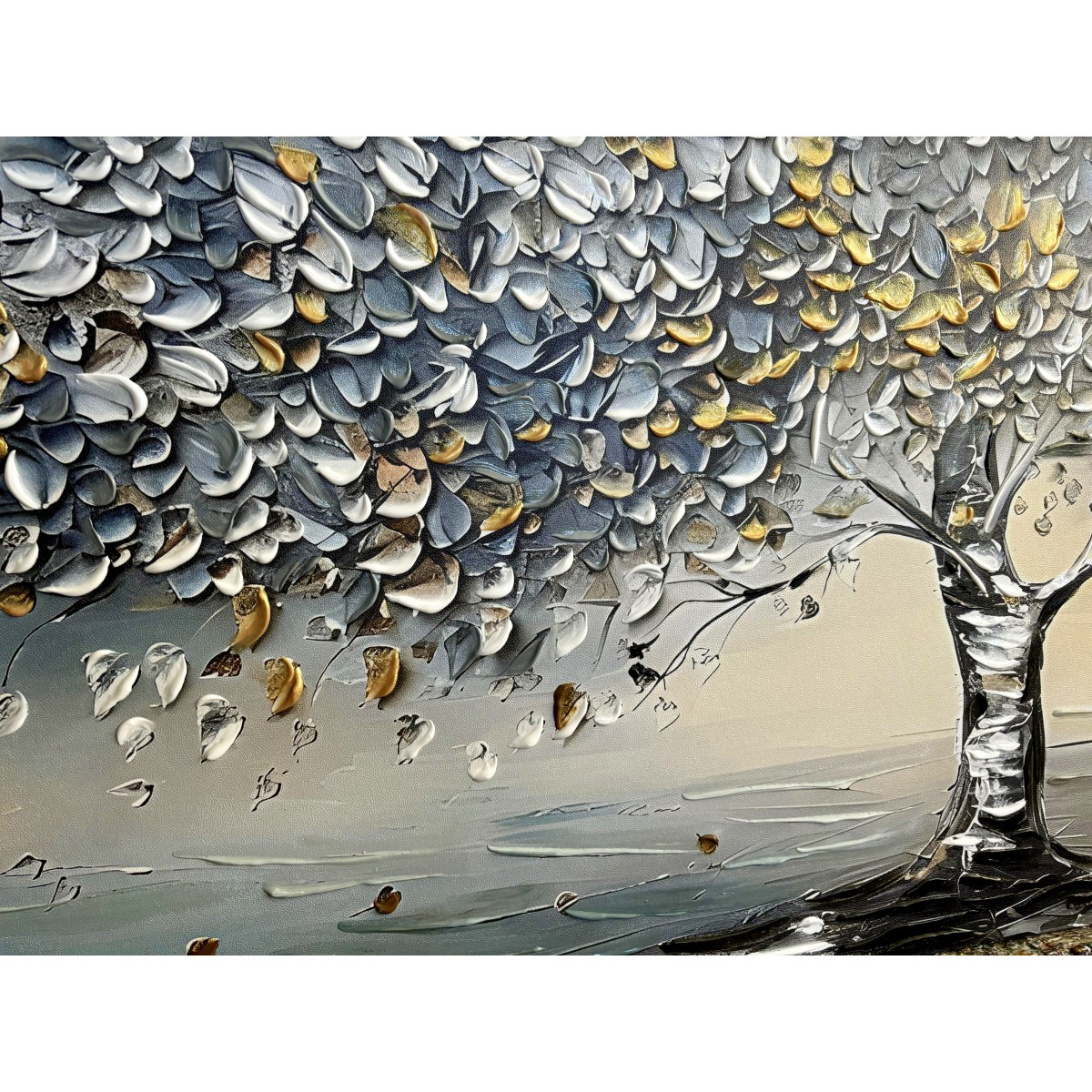 Yellow Grey Leaves 3d Heavy Textured Partial Oil Painting