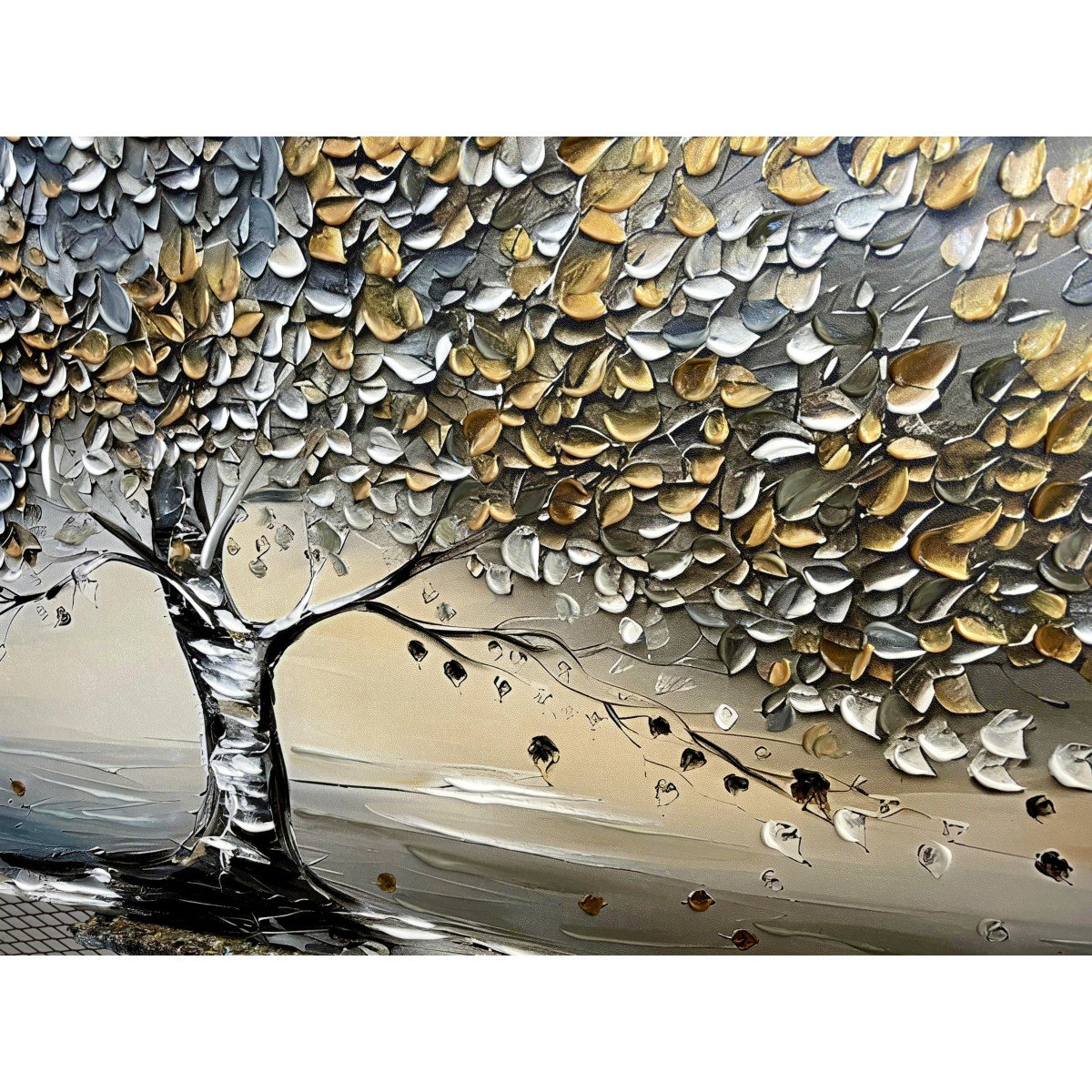 Yellow Grey Leaves 3d Heavy Textured Partial Oil Painting