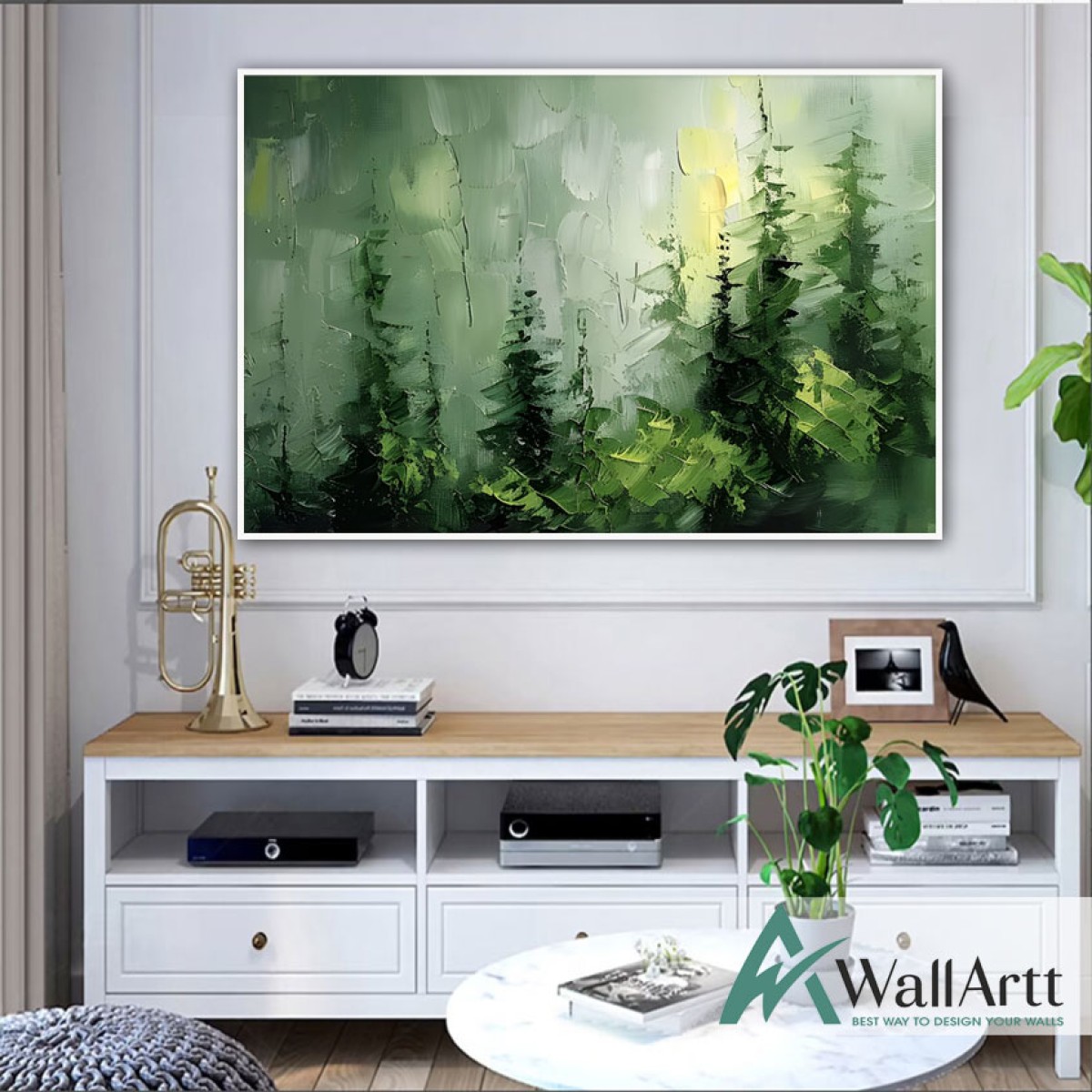 Misty Green Forest 3d Heavy Textured Partial Oil Painting - Wall Art