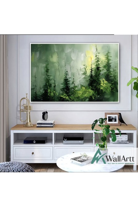 Misty Green Forest 3d Heavy Textured Partial Oil Painting - Wall Art