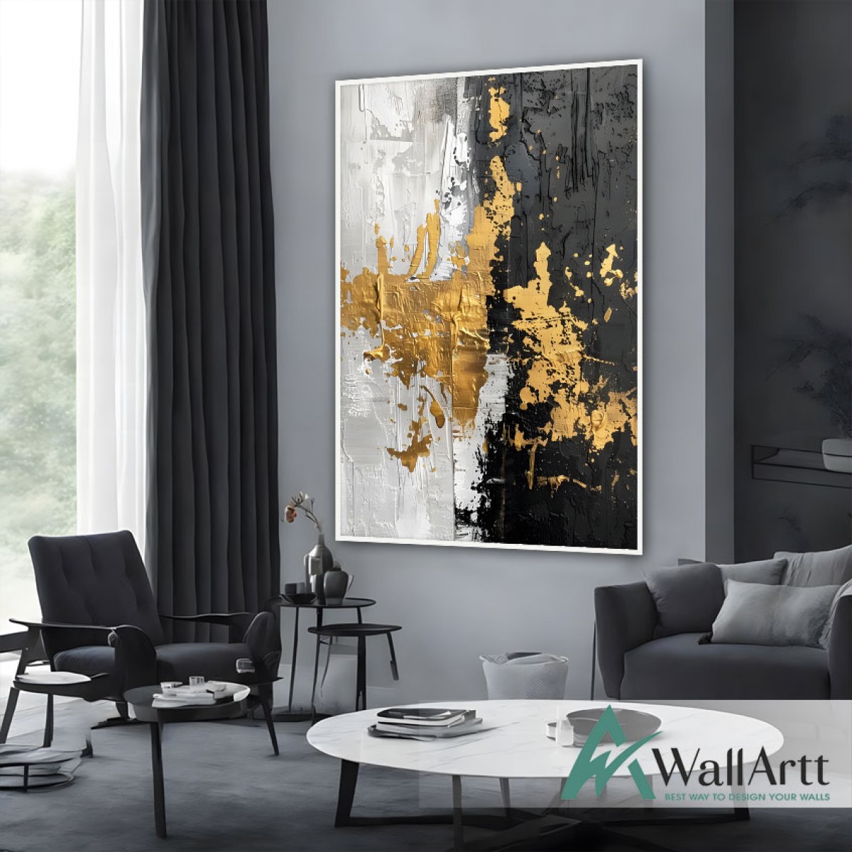 Gold Foil on Black n White 3d Heavy Textured Partial Oil Painting