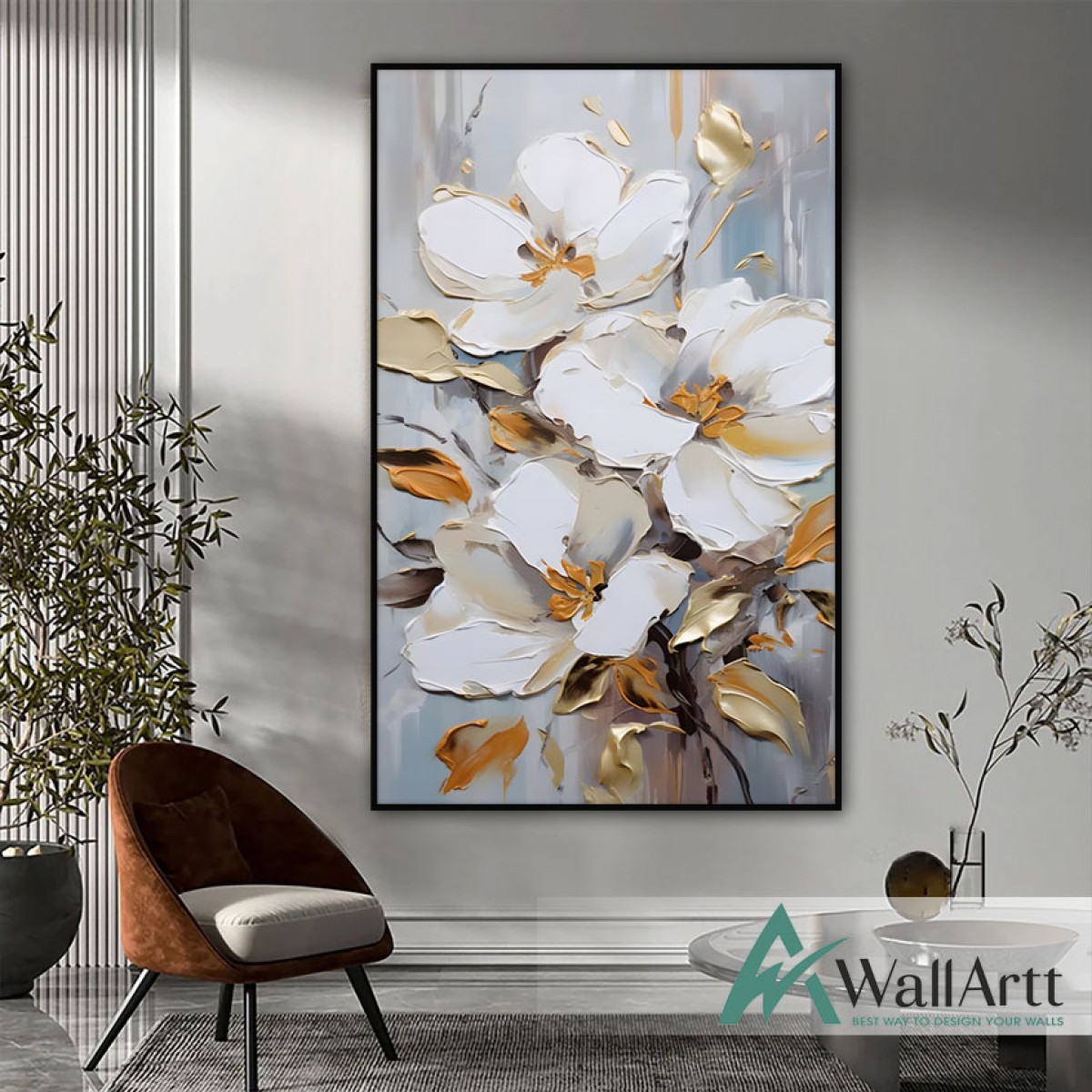 White Flowers Copper Leaves 3d Heavy Textured Partial Oil Painting