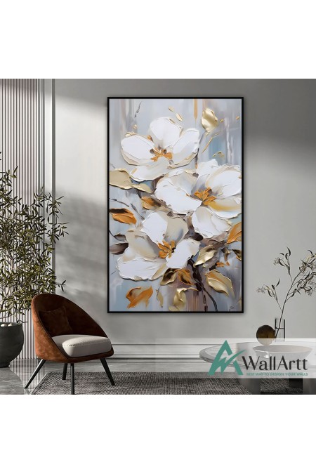 White Flowers Copper Leaves 3d Heavy Textured Partial Oil Painting