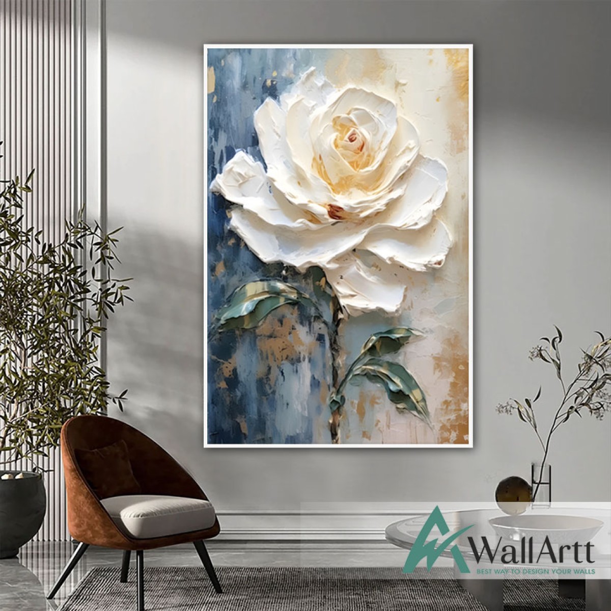 Big White Rose 3d Heavy Textured Partial Oil Painting