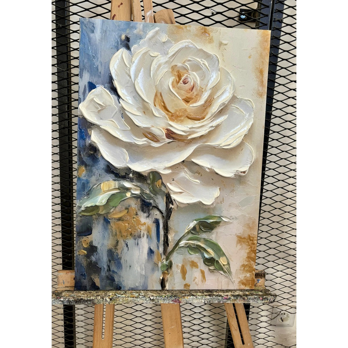 Big White Rose 3d Heavy Textured Partial Oil Painting