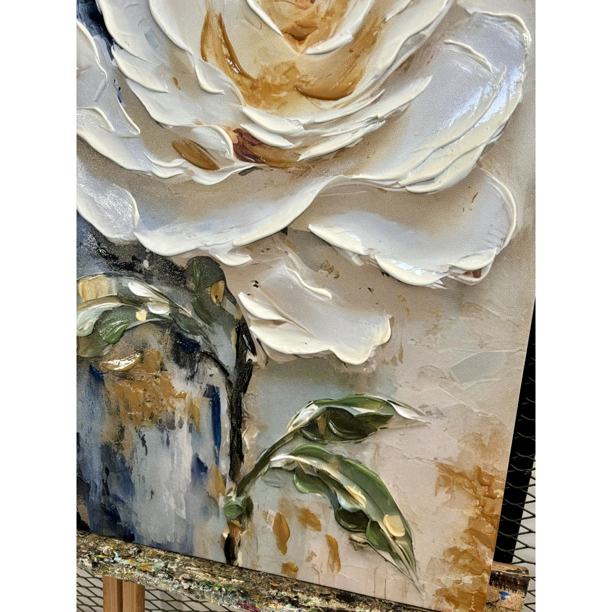 Big White Rose 3d Heavy Textured Partial Oil Painting