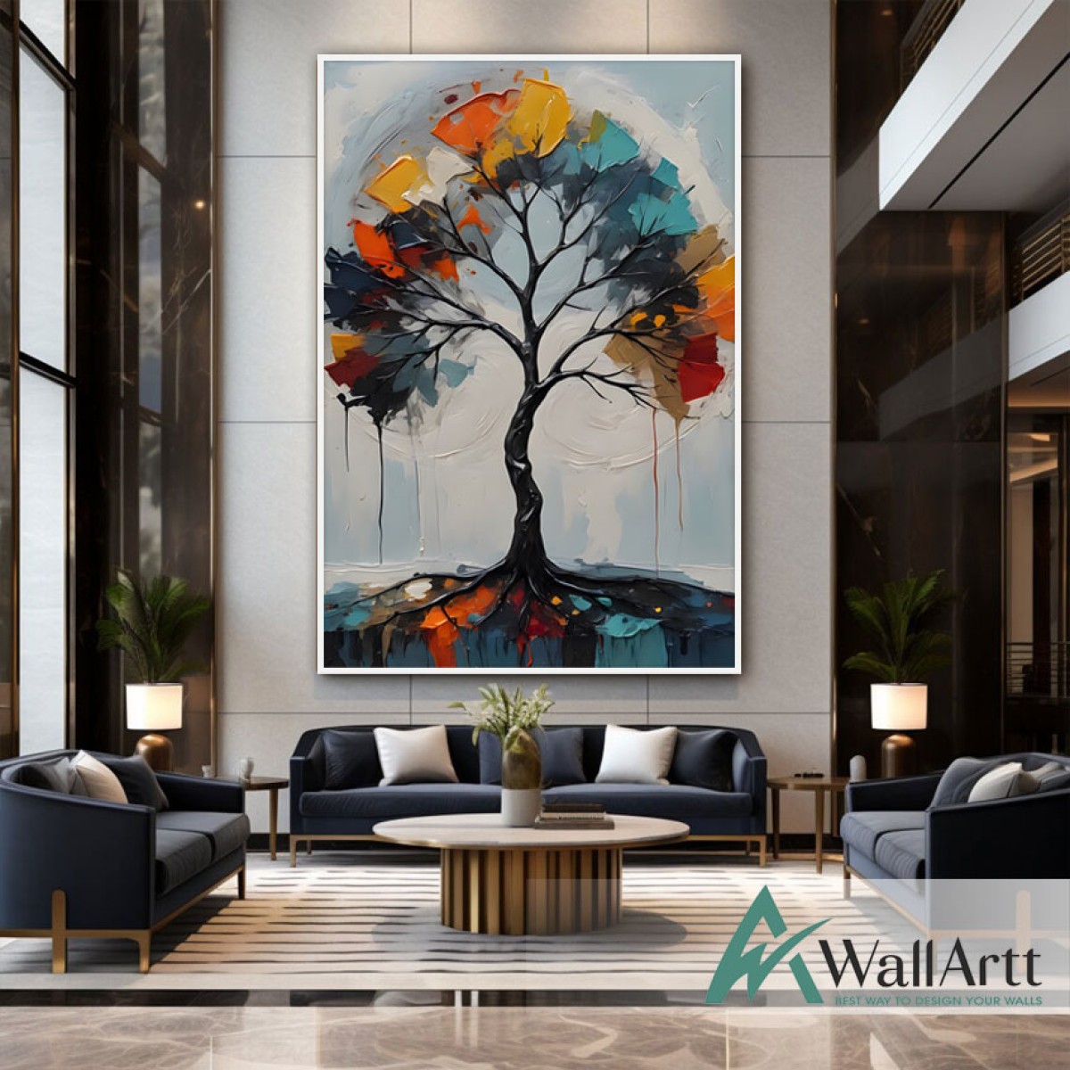 Abstract Orange Blue Tree 3D Heavy Textured Partial Oil Painting - Wall Art