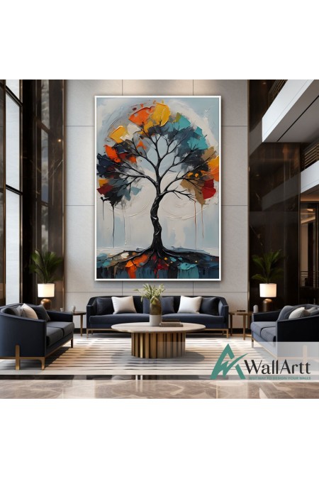 Abstract Orange Blue Tree 3D Heavy Textured Partial Oil Painting - Wall Art