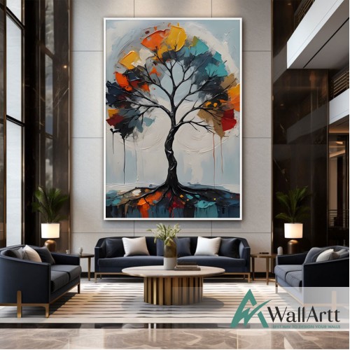 Abstract Orange Blue Tree 3D Heavy Textured Partial Oil Painting - Wall Art