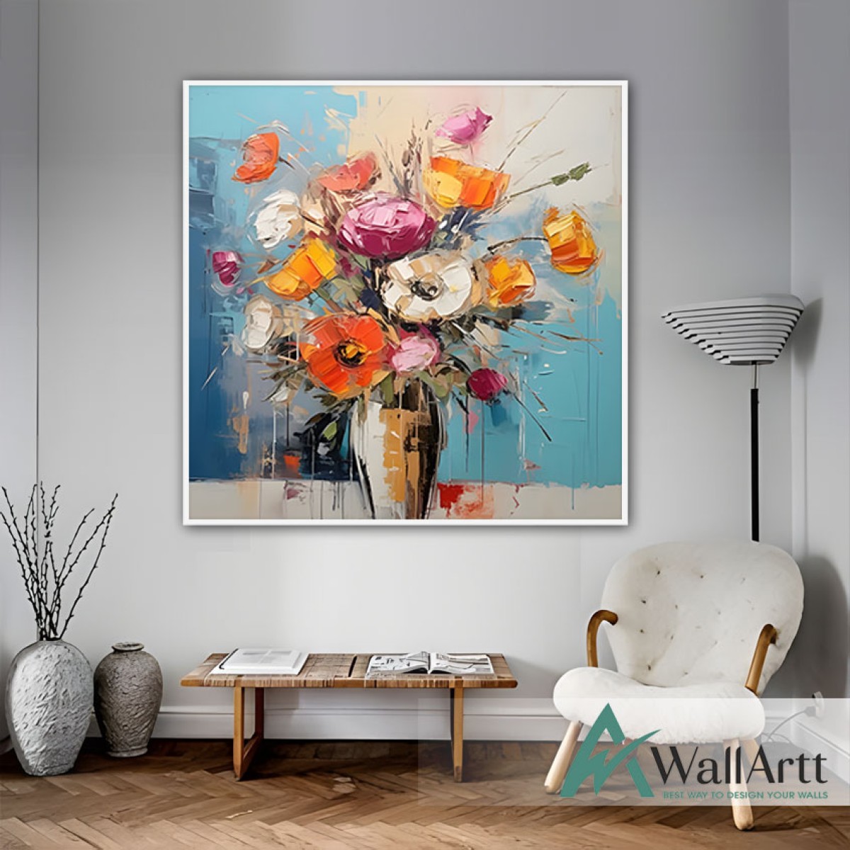 Orange Flowers in Vase 3d Heavy Textured Partial Oil Painting - Wall Art