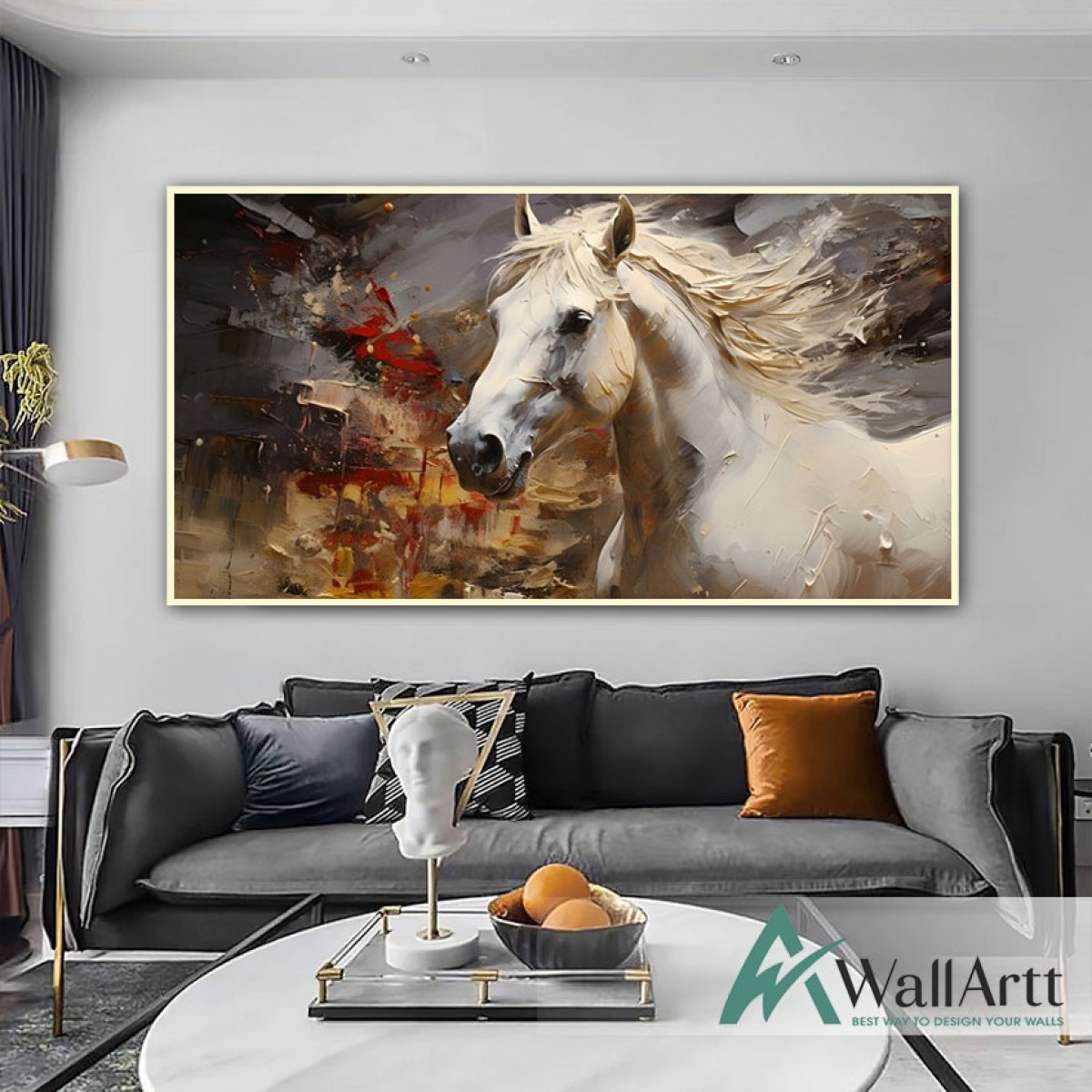 White Horse II 3d Heavy Textured Partial Oil Painting - Wall Art