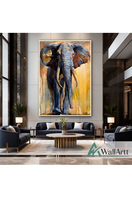 Gold Blue Elephant II 3D Heavy Textured Partial Oil Painting - Wall Art