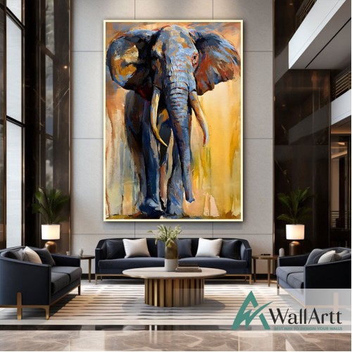 Gold Blue Elephant II 3D Heavy Textured Partial Oil Painting - Wall Art