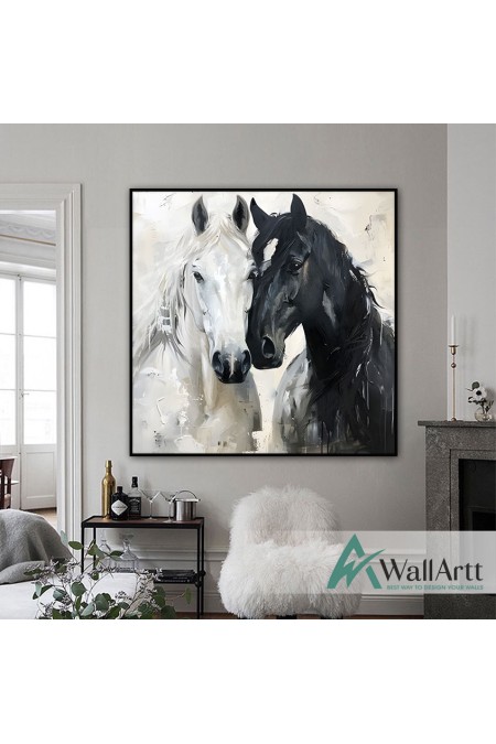 Black n White Horses 3D Heavy Textured Partial Oil Painting - Wall Art