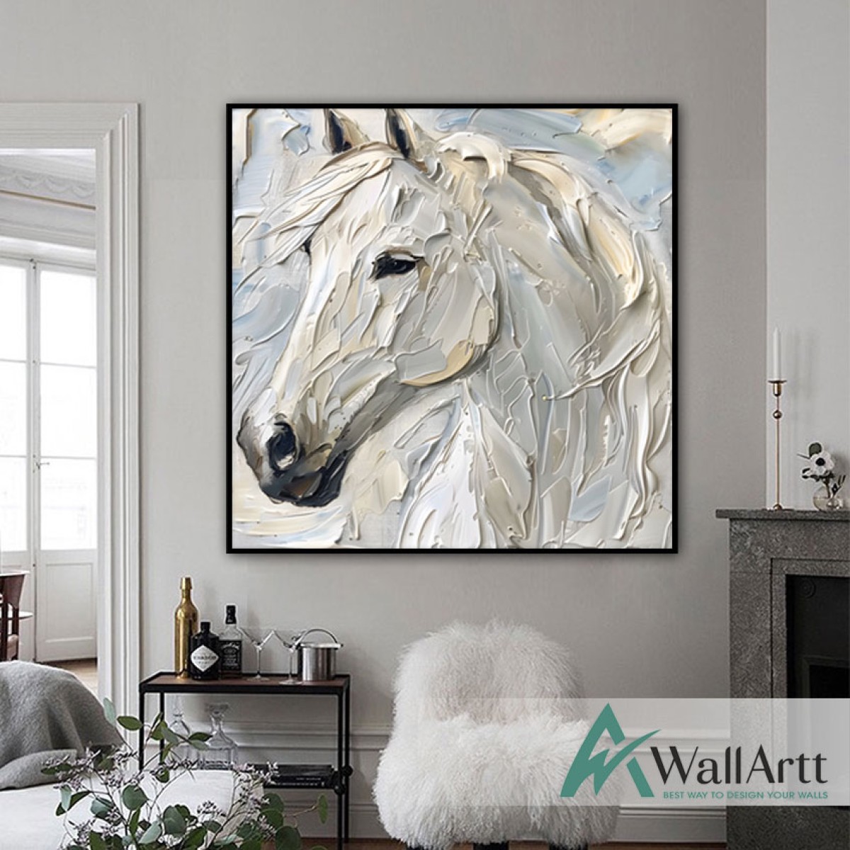 Abstract White Horse 3D Heavy Textured Partial Oil Painting - Wall Art