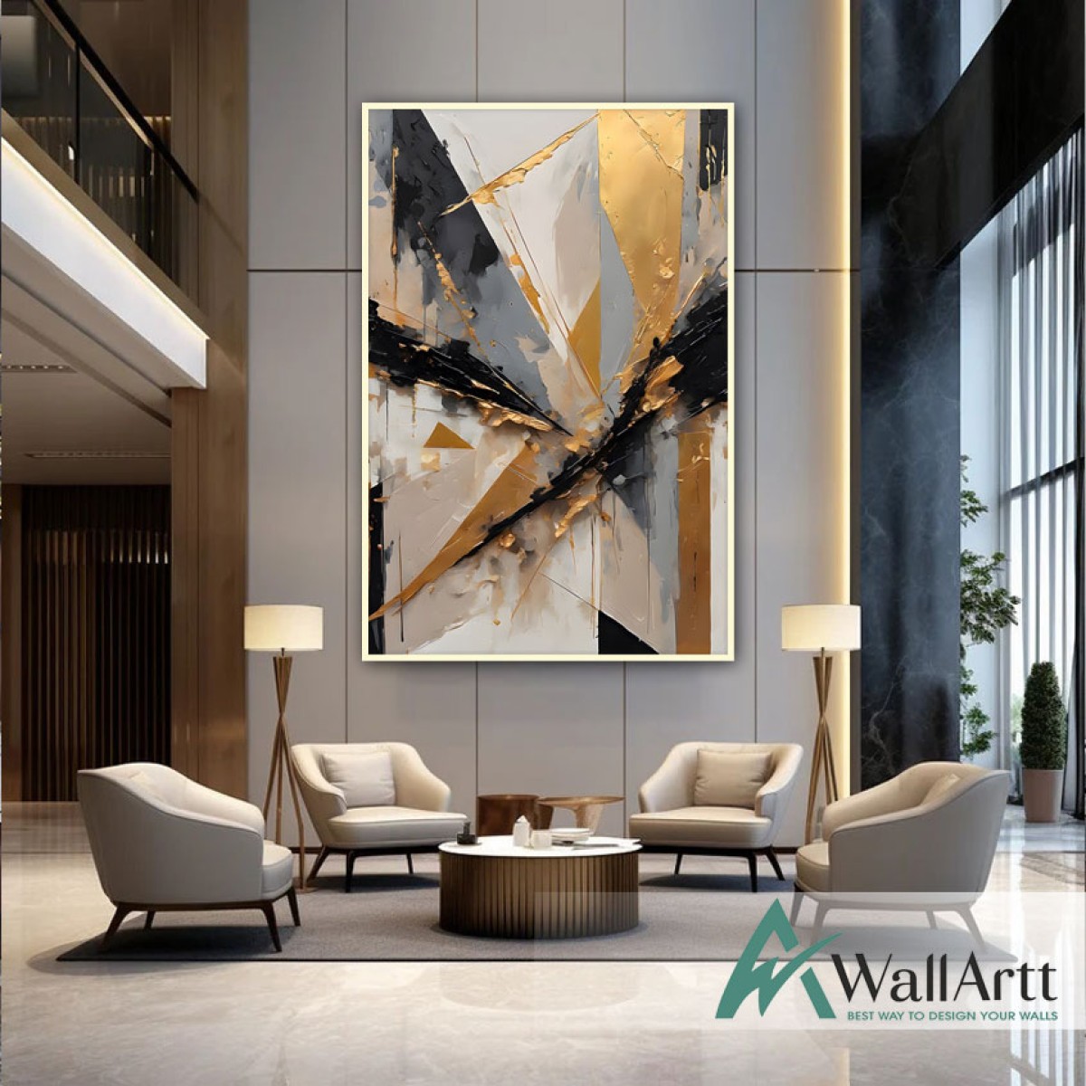 Gold Foil Triangles 3d Heavy Textured Partial Oil Painting - Wall Art