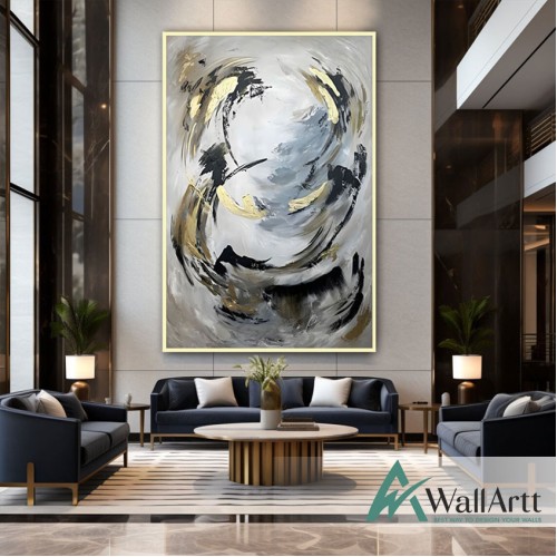 Gold Foil and Black Circles Textured Partial Oil Painting - Wall Art