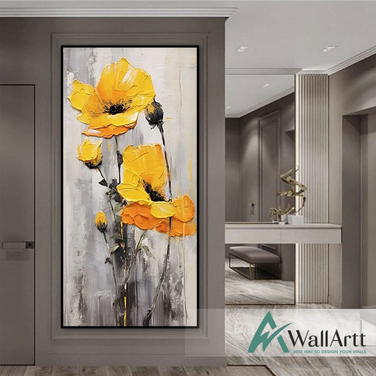 Yellow Flowers 3d Heavy Textured Partial Oil Painting - Wall Art