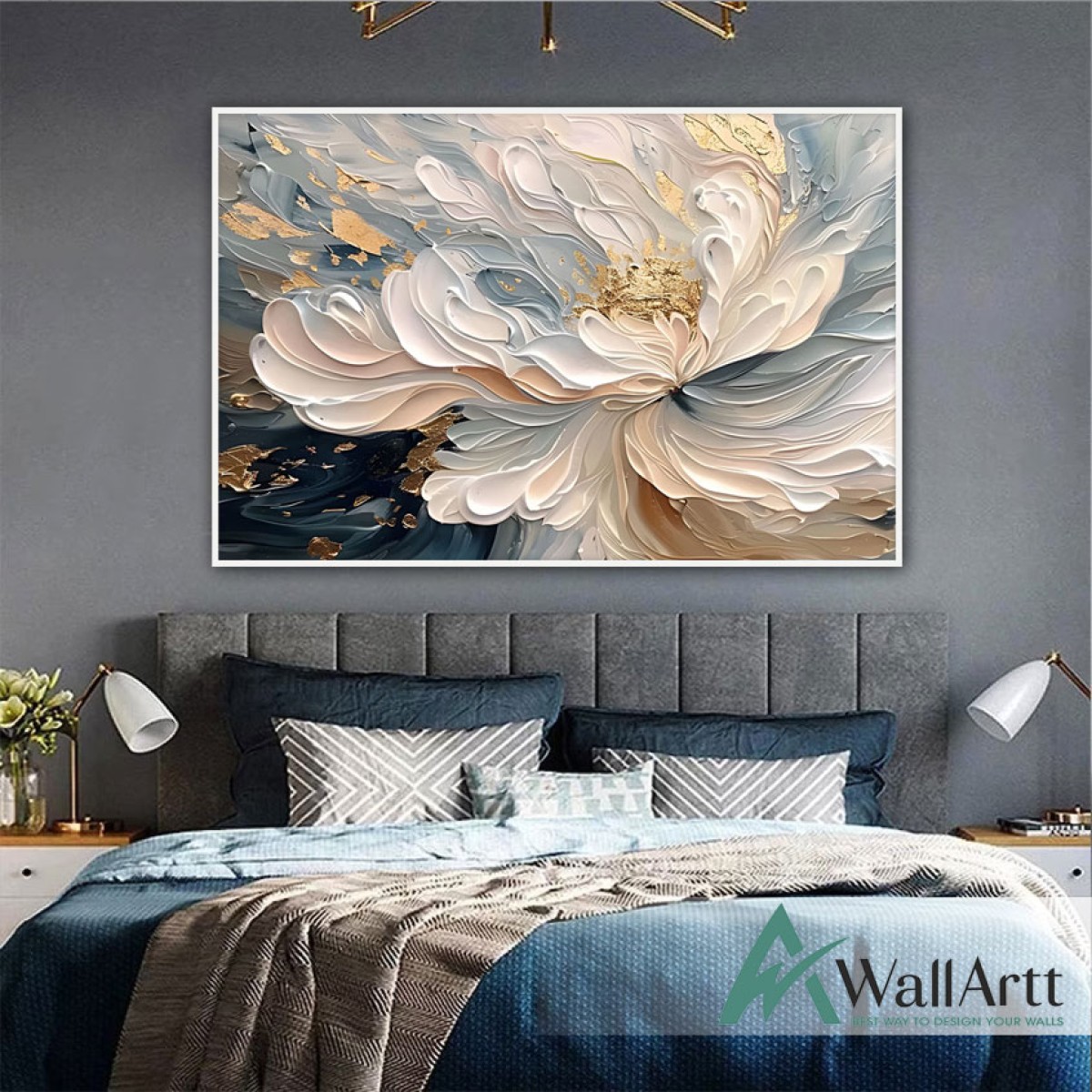 Abstract Gold White Flower 3D Heavy Textured Partial Oil Painting - Wall Art