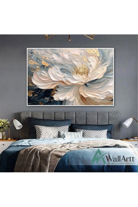 Abstract Gold White Flower 3D Heavy Textured Partial Oil Painting - Wall Art