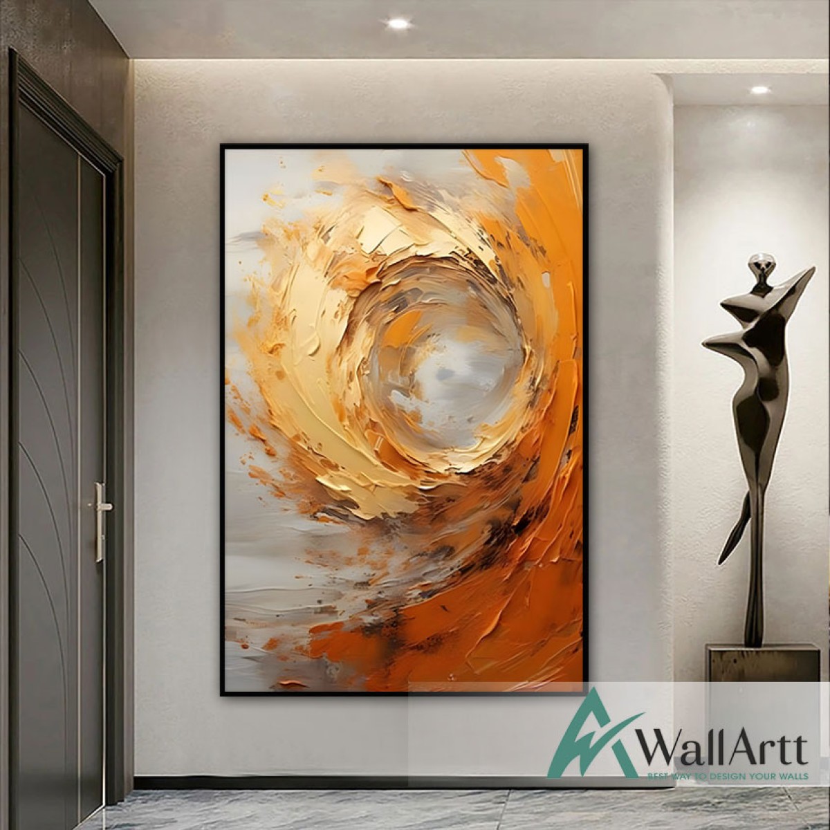 Abstract Orange Gold Wave 3d Heavy Textured Partial Oil Painting - Wall Art