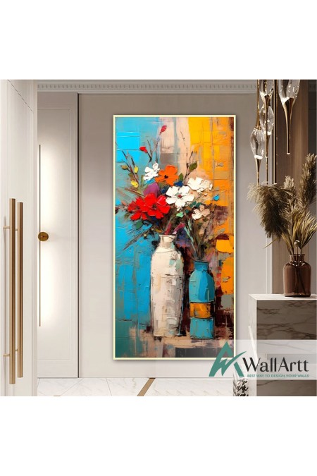 Colorful Flowers in Vazes 3d Heavy Textured Partial Oil Painting - Wall Art