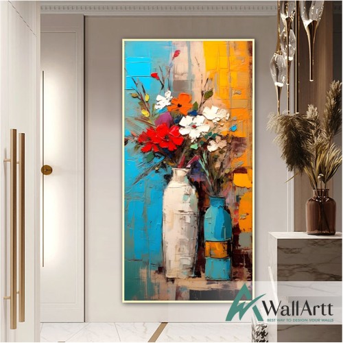 Colorful Flowers in Vazes 3d Heavy Textured Partial Oil Painting - Wall Art