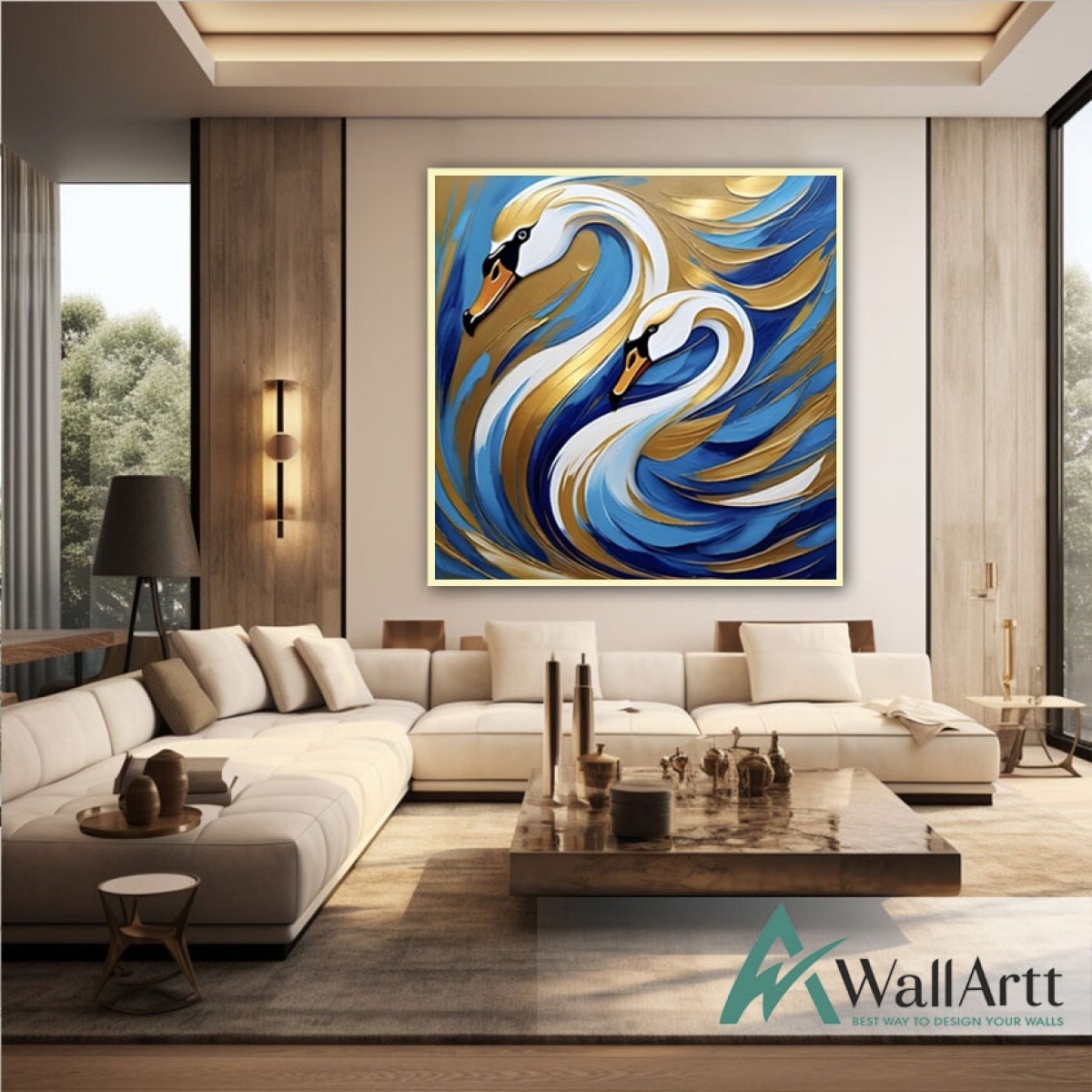 Abstract Gold Swans 3D Heavy Textured Partial Oil Painting - Wall Art