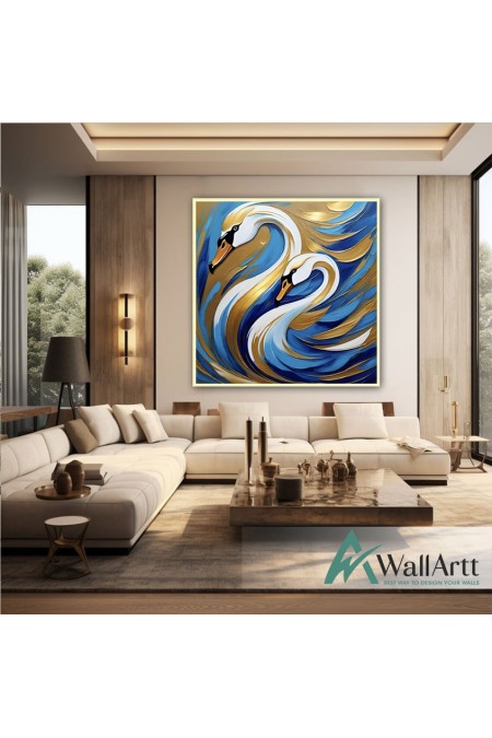 Abstract Gold Swans 3D Heavy Textured Partial Oil Painting - Wall Art