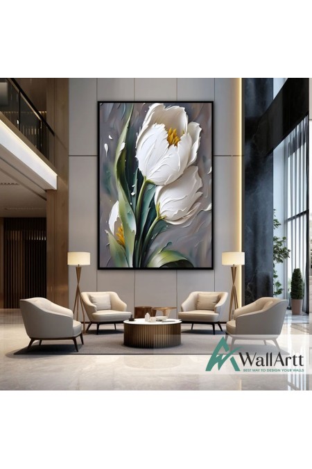 White Tulips 3d Heavy Textured Partial Oil Painting - Wall Art